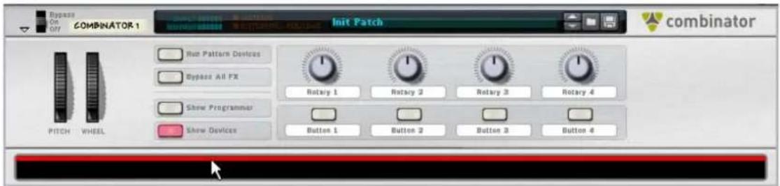 Bypass On Off COMBINATOR 1 Init Patch combinator Run Pattern Devices Bypass All FX Show Programmer Show Devices PITCH WHEEL Rotary 1 Rotary 2 Rotary 3 Rotary 4 Button 1 Button 2 Button 3 Button 4