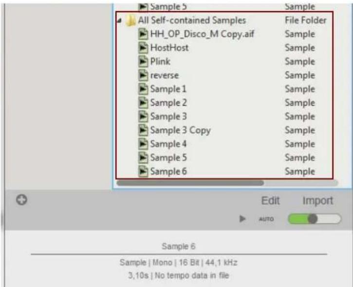 Sample 5 All Self-contained Samples HH_OP_Disco_M Copy.aif HostHost Plink reverse Sample 1 Sample 2 Sample 3 Sample 3 Copy Sample 4 Sample 5 Sample 6 File Folder Sample Sample Sample Sample Sample Sample Sample Sample Sample Sample Sample Sample Sample Edit Import AUTO Sample 6 Sample | Mono | 16 Bit | 44,1 kHz 3,10s | No tempo data in file