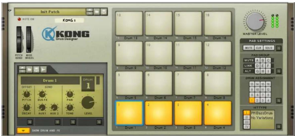 Init Patch NOTE ON KONG KONG Drum Designer PITCH MOD BEND WHEEL 12 14 15 16 13 Drum 13 14 Drum 14 15 Drum 15 16 Drum 16 9 10 11 12 9 Drum 9 10 Drum 10 11 Drum 11 12 Drum 12 5 6 7 8 5 Drum 5 6 Drum 6 7 Drum 7 8 Drum 8 1 2 3 4 1 Drum 1 2 Drum 2 3 Drum 3 4 Drum 4 MASTER LEVEL PAD SETTINGS MUTE CLR SOLO Q PAD GROUP MUTE A B C LINK D E F ALT G H I Q DRUM ASSIGNMENT 13 14 15 16 9 10 11 12 5 6 7 8 1 2 3 4 Q HIT TYPE I PM BassDrum II No Variations III IV