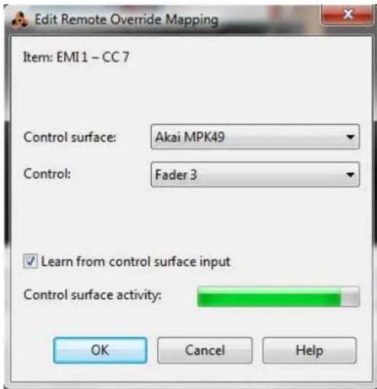 Edit Remote Override Mapping Item: EMI 1 - CC 7 Control surface: Akai MPK49 Control: Fader 3 ✓ Learn from control surface input Control surface activity: OK Cancel Help