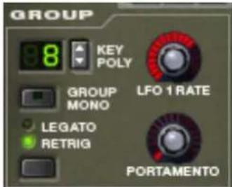 GROUP KEY POLY GROUP MONO LFO 1 RATE LEGATO RETRIG PORTAMENTO