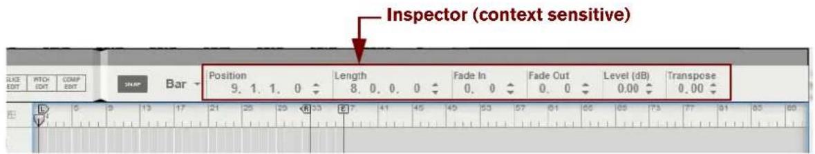 Inspector (context sensitive) Position 9. 1. 1. 0 Length 8. 0. 0. 0 Fade In 0. 0 Fade Cut 0. 0 Level (dB) 0.00 Transpose 0.00