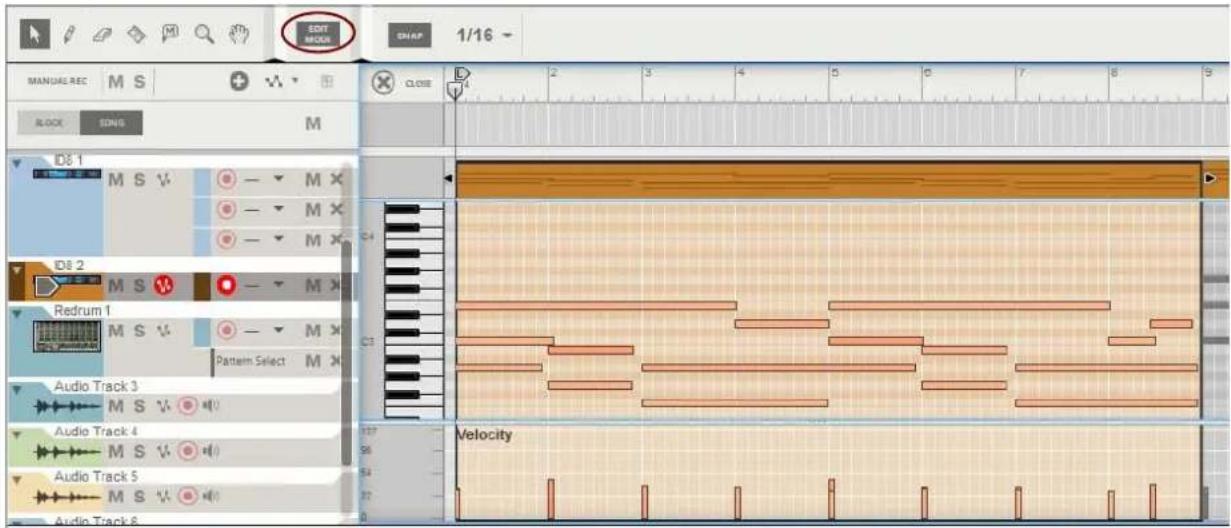 EDIT MODE MANUAL REC M S BLOCK EONG M D8 1 M S V — — M X — — M X — — M X D8 2 M S V — — M X Redrum 1 M S V — — M X Pattern Select M X Audio Track 3 M S V Audio Track 4 M S V Audio Track 5 M S V Audio Track 6 C4 C7 Velocity