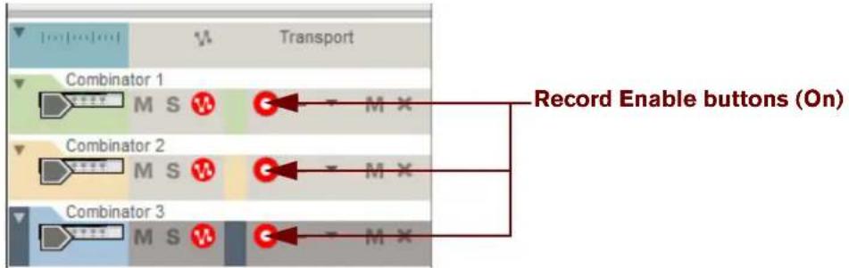 Transport Combinator 1 M S Record Enable buttons (On) Combinator 2 M S M X Combinator 3 M S M X
