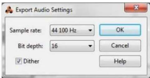 Export Audio Settings Sample rate: 44 100 Hz Bit depth: 16 ✓ Dither OK Cancel Help