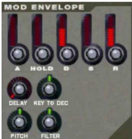 MOD ENVELOPE A HOLD D S R DELAY KEY TO DEC PITCH FILTER
