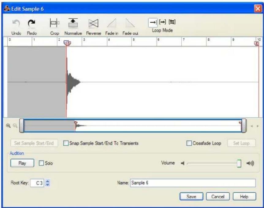 Edit Sample 6 Undo Redo Crop Normative Reverse Fade in Fade out Loop Mode 0 1 2 3 4 5 6 7 8 9 10 Set Sample Start/End Snap Sample Start/End To Transients Crossfade Loop Set Loop Audition Play Solo Volume Root Key: C 3 Name: Sample 6 Save Cancel Help