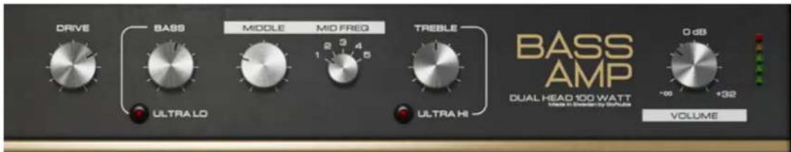 DRIVE BASS MIDDLE MID FREQ TREBLE ULTRA LO 2 3 4 1 5 ULTRA HI DUAL HEAD 100 WATT Under In Deviation by Modulus 0 dB +32 VOLUME