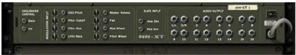 SEQUENCER CONTROL Gan GV MODULATION INPUT OSC Pitch Filter: Cutoff Filter: Res LF01 Rats Master Volume Pan Mid Wheel Pitch Wheel GATE INPUT Amp Env Mid Env NN-XT AUDIO OUTPUT NN-ET 1 1/L 2/R 3 4 5 6 7 8 9 10 11 12 13 14 15 16