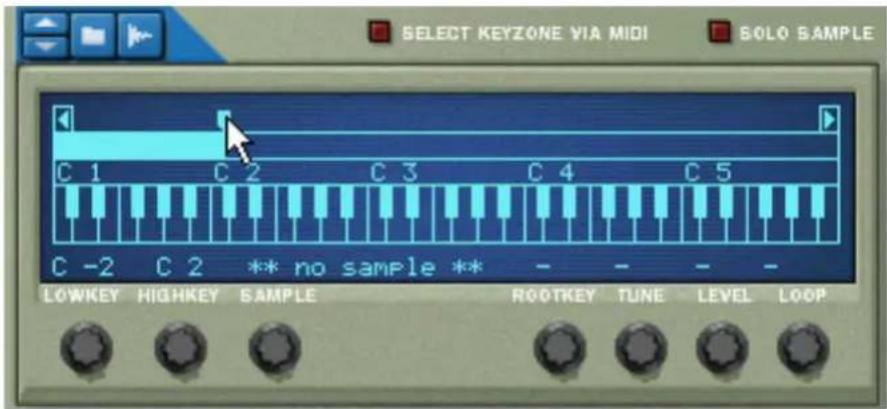 SELECT KEYZONE VIA MIDI SOLO SAMPLE C 1 C 2 C 3 C 4 C 5 C -2 C 2 ** no sample ** LOWKEY HIGHKEY SAMPLE ROOTKEY TUNE LEVEL LOOP