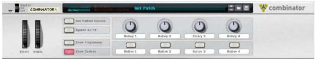 Combinator 1 Output Init Patch Rout Pattern Devices Bypass All FX Show Programmer Show Devices PITCH WHEEL Rotary 1 Rotary 2 Rotary 3 Rotary 4 Button 1 Button 2 Button 3 Button 4 combinator