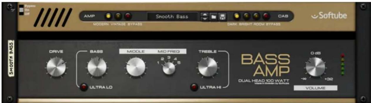 Bypass On Off AMP Modern Vintage BYPASS Smooth Bass CAB Softtube DARK BRIGHT ROOM BYPASS DRIVE BASS MIDDLE MID FREG TREBLE ULTRA LO BASS AMP DUAL HEAD 100 WATT MOSO & SEMICONER BY SOFTWARE 0 dB -90 +32 VOLUME