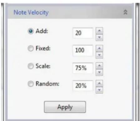 Note Velocity Add: 20 Fixed: 100 Scale: 75% Random: 20% Apply