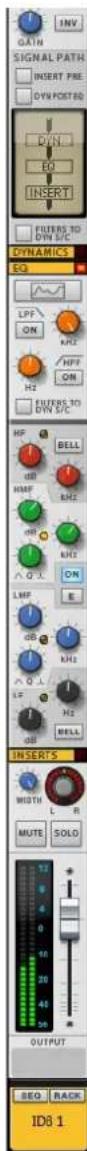 INV GAIN SIGNAL PATH INSERT PRE OVY POST 80 DVN EQ INSERT FILTER TO DVY SPC DYNAMICS EQ LPF ON KHZ HFP ON H2 FILTER TO DVY SPC HF BELL dB HMF LHZ dH KHZ AN ON LMF dB KHZ LF HQ WELL INSERTS METH L B MUTE SOLO OUTPUT BEO BACK ID8 1