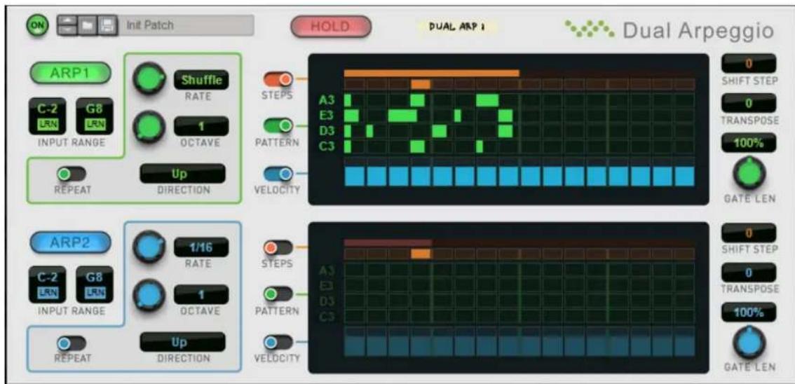 ON Init Patch HOLD DUAL ARP 1 Dual Arpeggio ARP1 C-2 LRN G8 LRN INPUT RANGE Shuffle RATE 1 OCTAVE 1 REPEAT Up DIRECTION 0 SHIFT STEP 0 TRANSPOSE 100% VELOCITY A3 E3 D3 C3 0 GATE LEN ARP2 C-2 LRN G8 LRN INPUT RANGE 1/16 RATE 1 OCTAVE 0 REPEAT Up DIRECTION 0 SHIFT STEP 0 TRANSPOSE 100% VELOCITY 0 GATE LEN