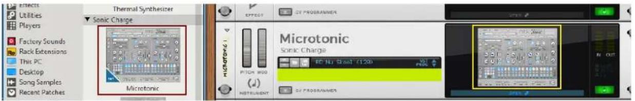 EFFECTS Utilities Players Factory Sounds Rack Extensions This PC Desktop Song Samples Recent Patches Thermal Synthesizer Sonic Charge Microtonic Sonic Charge CY PROGRAMMER MICROTONG PITCH M60 (d) INSTRUMENT CY PROGRAMMER Microtonic Sonic Charge FC Nu Skout (120) CY PROGRAMMER