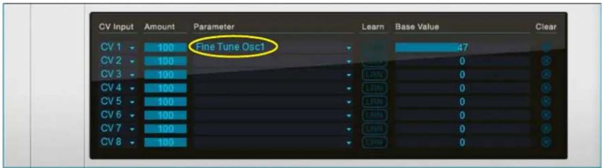 CV Input Amount Parameter Learn Base Value Clear CV 1 100 Fine Tune Osc1 47 CV 2 100 0 CV 3 100 0 CV 4 100 0 CV 5 100 0 CV 6 100 0 CV 7 100 0 CV 8 100 0