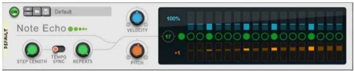 Default Note Echo DEFAULT STEP LENGTH TEMP0 SYNC REPEATS VELOCITY PITCH 100% 17 +1
