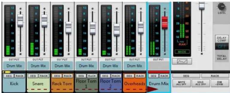 OUTPUT Drum Mix OUTPUT Drum Mix OUTPUT Drum Mix OUTPUT Drum Mix OUTPUT Drum Mix OUTPUT DRUM Mix OUT SEG RACK Kick Snare Rack Tom Floor Tom 1 Floor Tom 2 Overheads Drum Mix LEVEL DELAY COMP OFF TOTAL DELAY MUTE ALL OFF FLOW ALL OFF DIM -200M