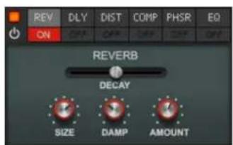 REV DLY DIST COMP FHSR EQ ON OFF OFF OFF REVERB DECAY SIZE DAMP AMOUNT