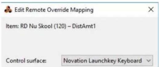 Edit Remote Override Mapping Item: RD Nu Skool (120) - DistAmt1 Control surface: Novation Launchkey Keyboard