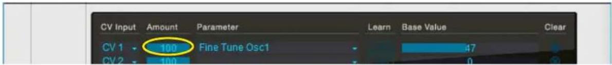 CV Input Amount Parameter Learn Base Value Clear CV 1 100 Fine Tune Osc1 47 CV 2 100 0