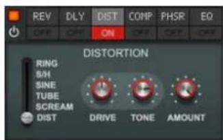 REV DLY DIST COMP PHSR EQ OFF ON OFF ON DISTORTION RING S/H SINE TUBE SCREAM DIST DRIVE TONE AMOUNT