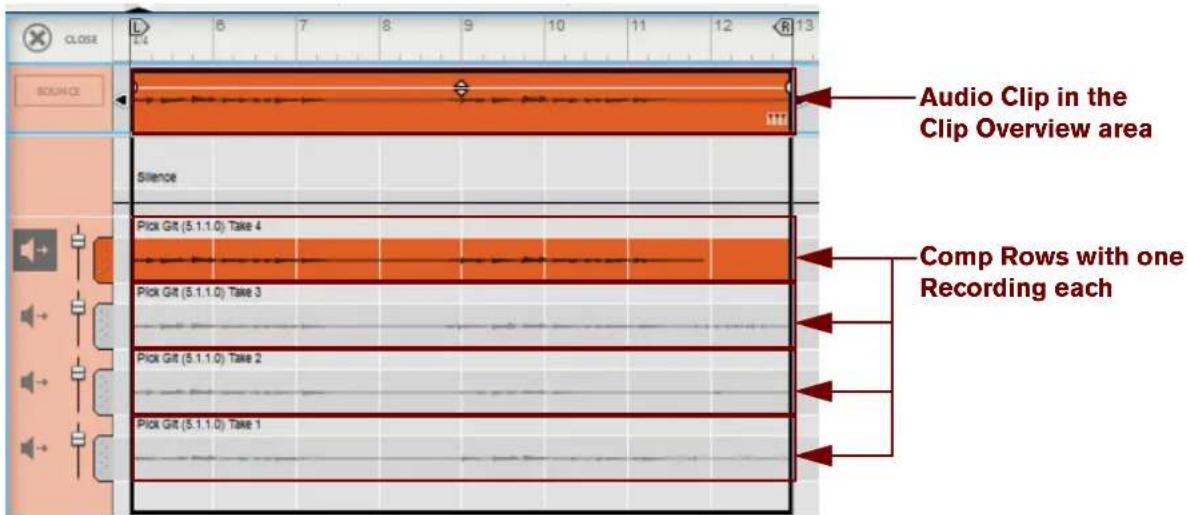 Audio Clip in the Clip Overview area Comp Rows with one Recording each Pick Git (5.1.1.0) Take 4 Pick Git (5.1.1.0) Take 3 Pick Git (5.1.1.0) Take 2 Pick Git (5.1.1.0) Take 1
