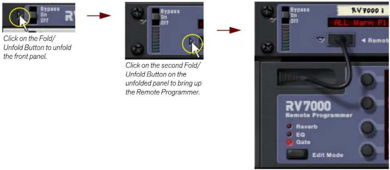 Click on the Fold/ Unfold Button to unfold the front panel. Click on the second Fold/ Unfold Button on the unfolded panel to bring up the Remote Programmer. Bypass On Off Bypass On Off RV70001 ALL Warm P1 Remote RV7000 Remote Programmer Reverb EQ Gate Edit Mode