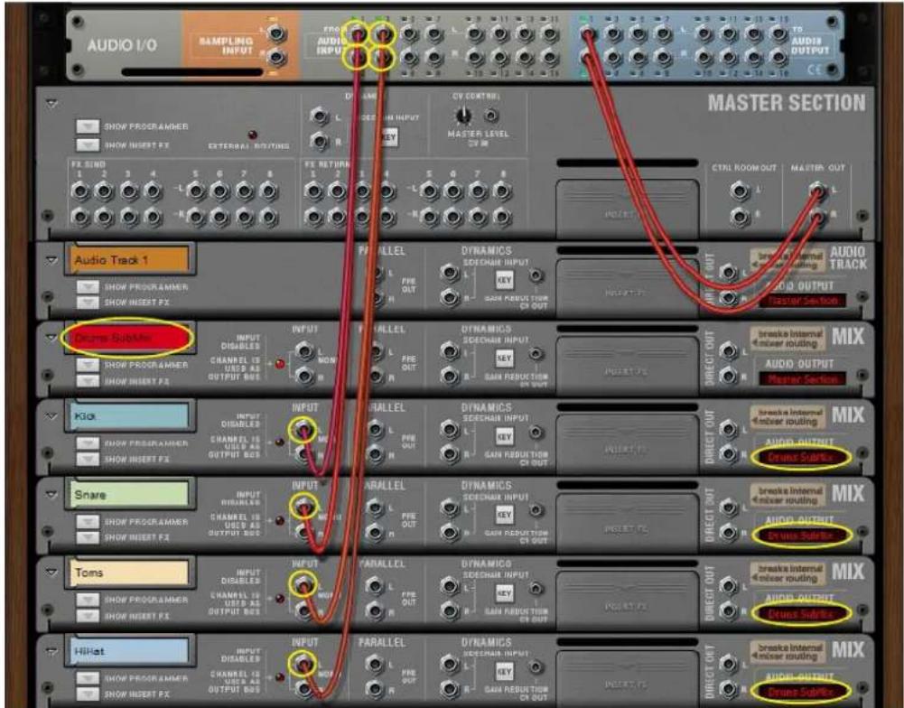 AUDIO I/O SAMPLING INPUT FROM AUDIO INPUT CY CONTROL MATERIAL LEVEL 20 M TO AUDIO OUTPUT CE SHOW PROGRAMMER SHOW INSERT FX EXTERNAL ROUTING FX SIND 1 2 3 4 - L 5 6 7 8 - R 9 FX RETURN L 2 Master SECTION CTRL ROOM OUT MASTER OUT Audio Track 1 SHOW PROGRAMMER SHOW INSERT FX Drama Subtract INPUT DISABLES CHANNEL IS USED AS OUTPUT BUS INPUT L NOW R PARALLEL L PRE OUT H DYNAMICS SECHAW INPUT L KEY R GAIN REDUCTION CH OUT INPUT FX DIRECT OUT BREAK Internal mixer routing MIX AUDIO OUTPUT Master Section KICK SHOW PROGRAMMER SHOW INSERT FX INPUT DISABLES CHANNEL IS USED AS OUTPUT BUS INPUT MIX PARALLEL L PRE OUT H DYNAMICS SECHAW INPUT L KEY R GAIN REDUCTION CH OUT INPUT FX DIRECT OUT BREAK Internal mixer routing MIX AUDIO OUTPUT Drama Subtract Snare SHOW PROGRAMMER SHOW INSERT FX INPUT DISABLES CHANNEL IS USED AS OUTPUT BUS INPUT PARALLEL L PRE OUT H DYNAMICS SECHAW INPUT L KEY R GAIN REDUCTION CH OUT INPUT FX DIRECT OUT BREAK Internal mixer routing MIX AUDIO OUTPUT Drama Subtract Toms SHOW PROGRAMMER SHOW INSERT FX INPUT DISABLES CHANNEL IS USED AS OUTPUT BUS INPUT PARALLEL L PRE OUT H DYNAMICS SECHAW INPUT L KEY R GAIN REDUCTION CH OUT INPUT FX DIRECT OUT BREAK Internal mixer routing MIX AUDIO OUTPUT Drama Subtract HiHat SHOW PROGRAMMER SHOW INSERT FX INPUT DISABLES CHANNEL IS USED AS OUTPUT BUS INPUT PARALLEL L PRE OUT H DYNAMICS SECHAW INPUT L KEY R GAIN REDUCTION CH OUT INPUT FX