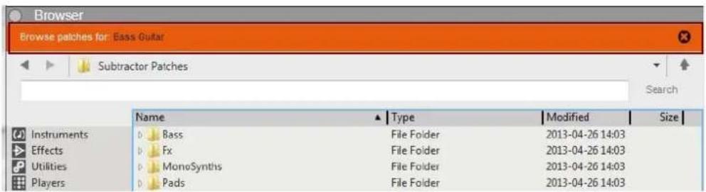 Browser Browse patches for: Bass Guitar Subtractor Patches Name ▲ Type Modified Size Instruments Bass File Folder 2013-04-26 14:03 Effects Fx File Folder 2013-04-26 14:03 Utilities MonoSynths File Folder 2013-04-26 14:03 Players Pads File Folder 2013-04-26 14:03