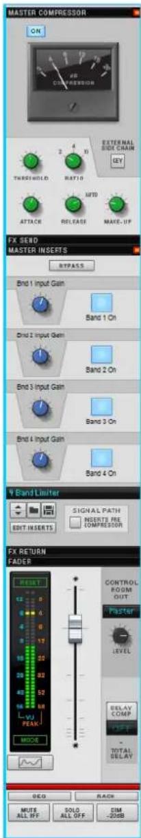 MASTER COMPRESSOR ON FR COMPRESSOR 3 4 5 2 3 4 THRESHOLD RATIO MTD ATTACH RELEASE MATE-UP EXTERNAL SIDE CHAIN KEY FX SERD MASTER INSERTS RIPPASS Bnd 1 Input Gain Band 1 On Bnd 2 Input Gain Band 2 On Bnd 3 Input Gain Band 3 On Bnd 4 Input Gain Band 4 On Band Limiter SIGNAL PATH NEURTS PRE COMPRESSOR EXT INSERTS EBT INSERTS FX RETURN FADER CONTROL ROOM OUT Master LEVEL DELAY COMP TOTAL DELAY MUTE ALL OFF SOLD ALL OFF DIM -20dB