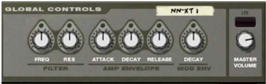 GLOBAL CONTROLS FREQ RES FILTER ATTACK DECAY RELEASE AMP ENVELOPE MOD ENV NN-XT1 IR MASTER VOLUME