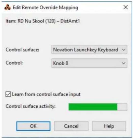Edit Remote Override Mapping Item: RD Nu Skool (120) - DistAmt1 Control surface: Novation Launchkey Keyboard Control: Knob 8 ✓ Learn from control surface input Control surface activity: OK Cancel Help
