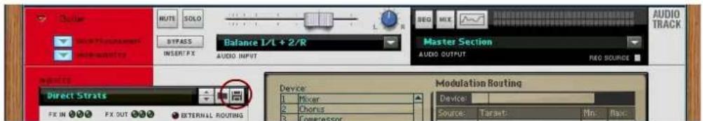 Audio TRACK MATERIALS BYTE SOLO BITPASS Balance 1/L + 2/R INSERT/PX AUDIO INPUT Master Section AUDIO OUTPUT REQ SOURCE Direct Strats FX IN 3.00 FX OUT 3.00 EXTERNAL ROUTING Modulation Routing Device: Mixer Chorus Comparator Device: Source: Target: Min: Max: