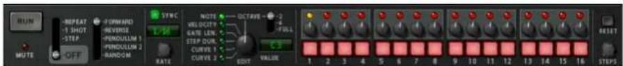 RUN -RESET 1 SHOT -100 STEP MUTE -OFF -FORWARD -REVERSE PENDOLUM 1 PENDOLUM 2 RANDOM SYNC NOTE VELOCITY GND LENGTH STEP OUT CURVE CURVE 2 EDIT VALUE 1 2 3 4 5 6 7 8 9 10 11 12 13 14 15 16 -2 -FULL 3