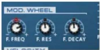 MOD. WHEEL F. FREQ + F. RES + F. DECAY +
