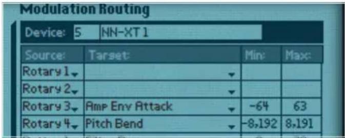 Modulation Routing Device: 5 NN-XT 1 Source: Target Min Max: Rotary 1▼ Rotary 2▼ Rotary 3▼ Amp Env Attack -64 63 Rotary 4▼ Pitch Bend -8,192 8,191