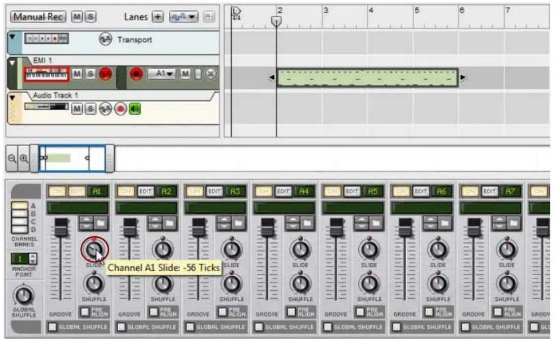 Manual Rec M S Lanes + Transport EMI 1 M S A1 M Audio Track 1 M S A CHANNEL BANKS 1 ANCHOR POINT GLOBAL SHUFFLE GROOVE PRE ALION GLOBAL SHUFFLE GROOVE PRE ALION GLOBAL SHUFFLE GROOVE PRE ALION GLOBAL SHUFFLE GROOVE PRE ALION GLOBAL SHUFFLE GROOVE PRE ALION GLOBAL SHUFFLE Channel A1 Slide: -56 Ticks