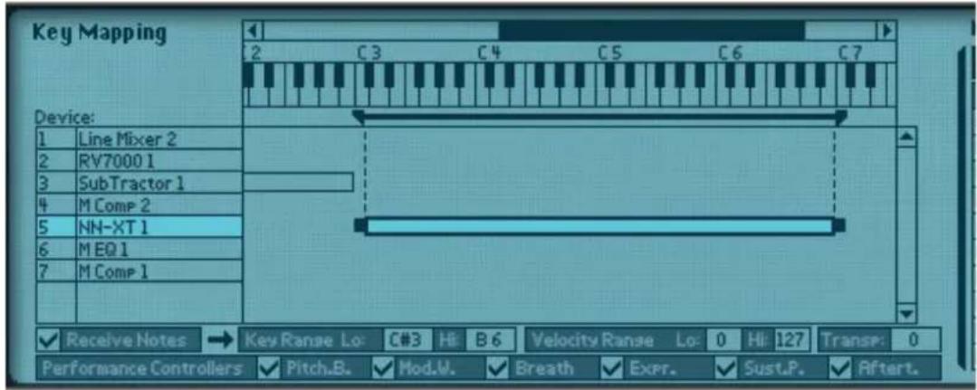 Key Mapping Device: 1 Line Mixer 2 2 RV7000 1 3 SubTractor 1 4 M Comp 2 5 NN-XT 1 6 M EQ 1 7 M Comp 1 Receive Notes → Key Range Lo: C#3 Hi B 6 Velocity Range Lo: 0 Hi 127 Transp: 0 Performance Controllers ✓ Pitch.B. ✓ Mod.W. ✓ Breath ✓ Expr. ✓ Sust.P. ✓ Aftert.