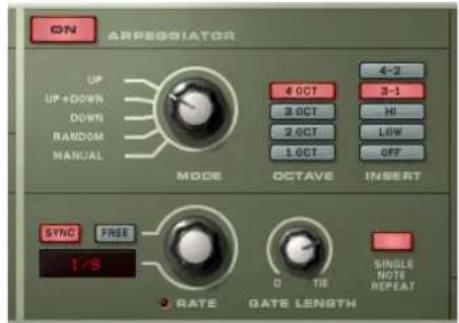 ON ARPEGGIATOR UP UP+DOWN DOWN RANDOM MANUAL MODE 4 OCT 3 OCT 2 OCT 1 OCT OCTAVE 4-2 3-1 HI LOW OFF INSERT SYNC FREE 1/8 RATE GATE LENGTH SINGLE NOTE REPEAT