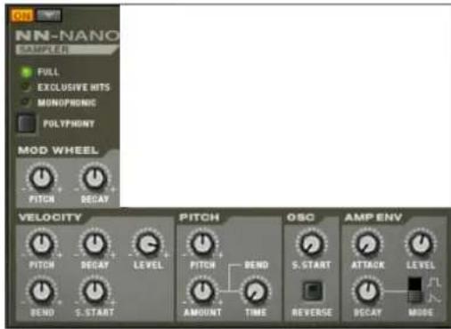 NN-NANO SAMPLES FULL EXCLUSIVE HITS MONOPHONIC POLYPHONY MOD WHEEL PITCH DECAY VELOCITY PITCH DECAY LEVEL BEND S. START PITCH BEND AMOUNT TIME OSC S. START REVERSE AMP ENV ATTACK LEVEL DECAY MODE