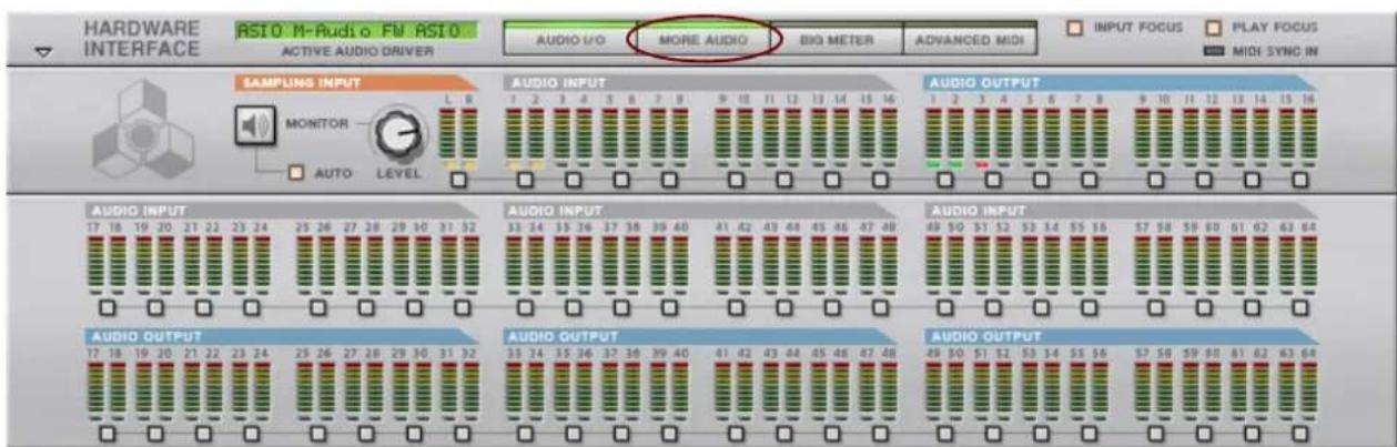 HARDWARE INTERFACE RSI 0 M-Audio Flw RSI 0 ACTIVE AUDIO DRIVER AUDIO I/O MORE AUDIO BIG METER ADVANCED MIDI INPUT FOCUS PLAY FOCUS MIDI SYNC IN SAMPLING INPUT MONITOR AUTO LEVEL AUDIO INPUT 1 2 3 4 5 6 7 8 9 10 11 12 13 14 15 16 AUDIO OUTPUT 1 2 3 4 5 6 7 8 9 10 11 12 13 14 15 16 AUDIO INPUT 17 18 19 20 21 22 23 24 25 26 27 28 29 30 31 32 AUDIO INPUT 33 34 35 36 37 38 39 40 AUDIO INPUT 49 50 51 52 53 54 55 56 AUDIO OUTPUT 49 50 51 52 53 54 55 56 AUDIO OUTPUT 49 50 51 52 53 54 55 56 AUDIO OUTPUT 49 50 51 52 53 54 55 56 AUDIO OUTPUT 49 50 51 52 53 54