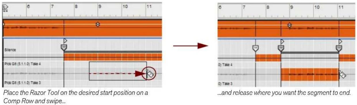 Place the Razor Tool on the desired start position on a Comp Row and swipe... ...and release where you want the segment to end.