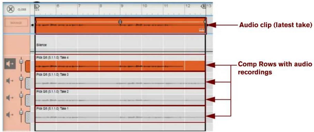 Audio clip (latest take) Silence Pick Git (5.1.1.0) Take 4 Pick Git (5.1.1.0) Take 3 Pick Git (5.1.1.0) Take 2 Pick Git (5.1.1.0) Take 1 Comp Rows with audio recordings