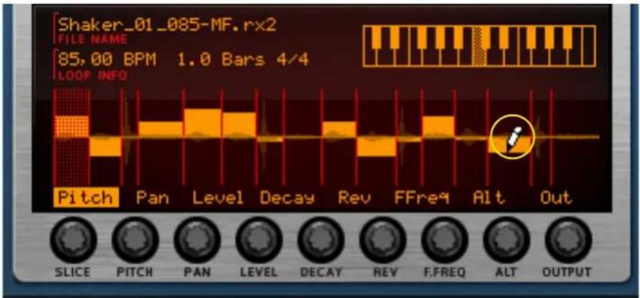 Shaker_01_085-MF, rx2 FILE NAME 85,00 BPM 1.0 Bars 4/4 LOOP INFO Pitch Pan Level Decay Rev FFreq Alt Out SLICE PITCH PAN LEVEL DECAY REV F.FREQ ALT OUTPUT