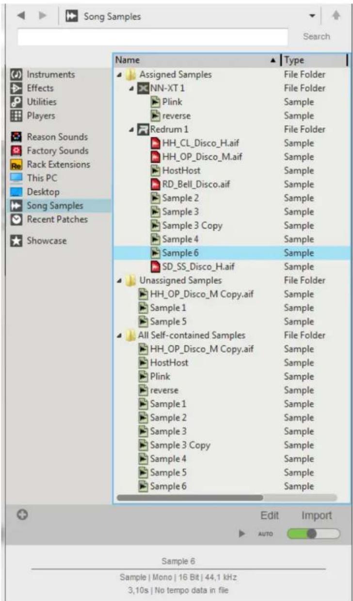 Song Samples Search Name Type Assigned Samples File Folder NN-XT 1 File Folder Plink Sample reverse Sample Redrum 1 File Folder HH_CL_Disco_H.aif Sample HH_OP_Disco_M.aif Sample HostHost Sample RD_Bell_Disco.aif Sample Sample 2 Sample Sample 3 Sample Sample 3 Copy Sample Sample 4 Sample Sample 6 Sample SD_SS_Disco_H.aif Sample Unassigned Samples File Folder HH_OP_Disco_M Copy.aif Sample Sample 1 Sample Sample 5 Sample All Self-contained Samples File Folder HH_OP_Disco_M Copy.aif Sample HostHost Sample Plink Sample reverse Sample Sample 1 Sample Sample 2 Sample Sample 3 Sample Sample 3 Copy Sample Sample 4 Sample Sample 5 Sample Sample 6 Sample Edit Import AUTO Sample 6 Sample | Mono | 16 Bit | 44,1 kHz 3,10s | No tempo data in file