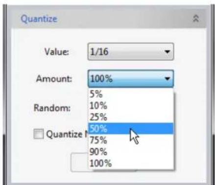 Quantize Value: 1/16 Amount: 100% 5% Random: 10% 25% Quantize: 50% 75% 90% 100%