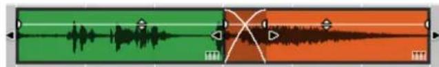 Audio waveform diagram showing green and orange channels with labeled time markers and sound waveforms