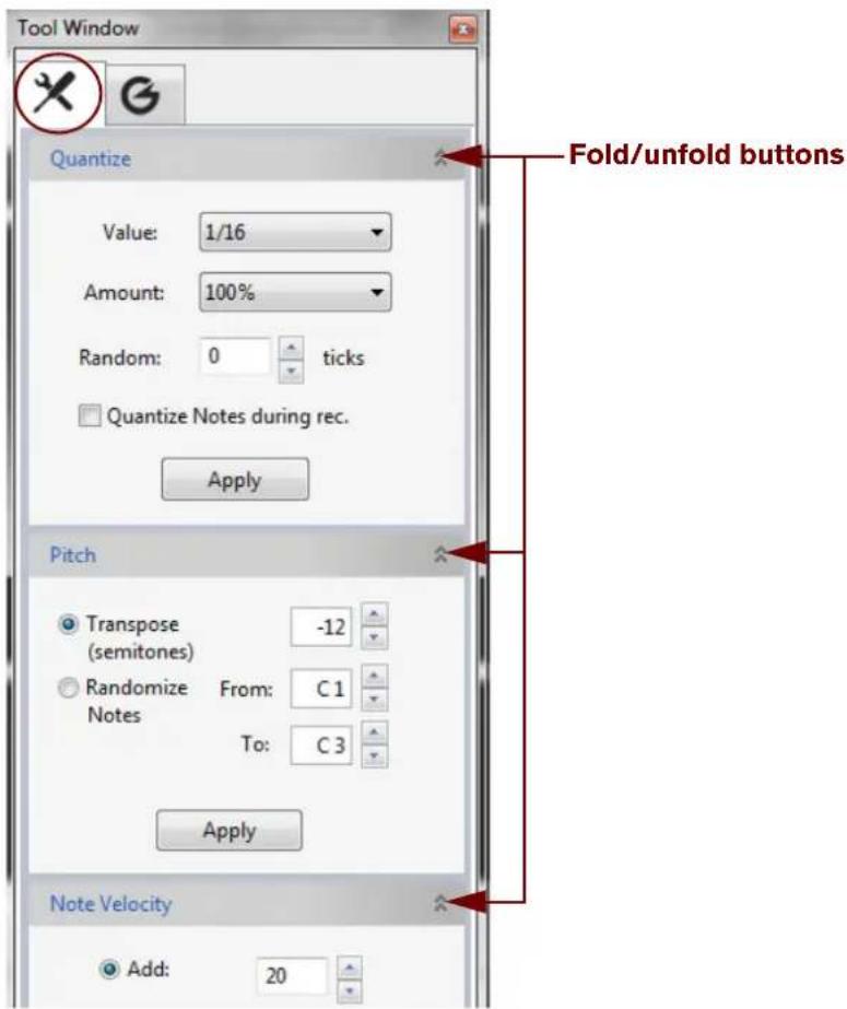 Tool Window Quantize Value: 1/16 Amount: 100% Random: 0 ticks Quantize Notes during rec. Apply Pitch Transpose (semitones) -12 Randomize Notes From: C1 To: C3 Apply Note Velocity Add: 20 Fold/unfold buttons